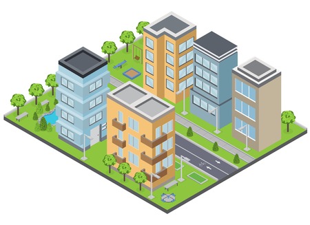 Suburbia buildings composition with lawns apartments and streets isometric vector illustrationのイラスト素材