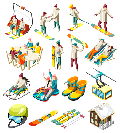 Ski resort elements set of isometric icons with skiers and snowboarders with sports equipment isolated vector illustrationのイラスト素材
