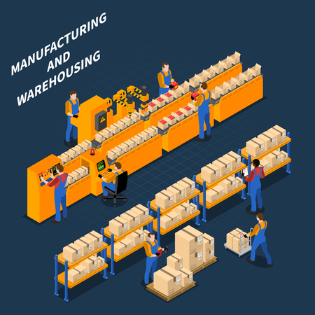 Factory workers isometric people composition with human characters of workers in uniform shelves boxes and conveyor vector illustrationのイラスト素材