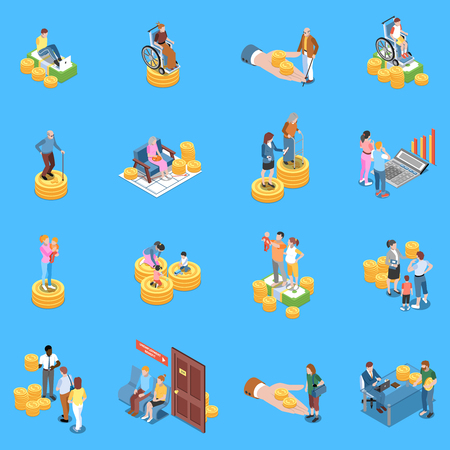 Social security unemployment benefits unconditional income isometric icons collection with isolated human characters and conceptual images vector illustrationのイラスト素材