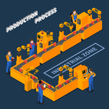 Factory workers isometric people with images of long conveyor assembly line and operating workers with text vector illustrationのイラスト素材