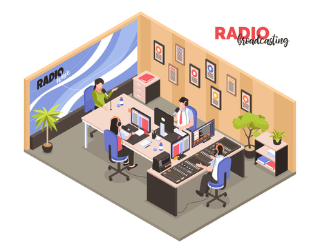 Radio broadcasting isometric vector illustration with employees in work interior participated in recording of radio programsのイラスト素材
