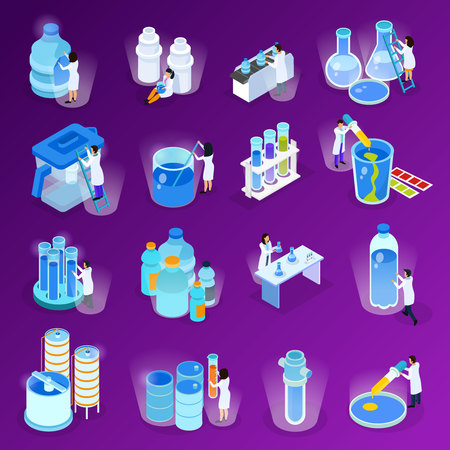 Water purification isometric and flat icon set with scientists work at the laboratory vector illustrationのイラスト素材