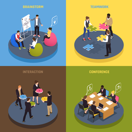 Teamwork collaboration concept 4 isometric  icons with employees ideas sharing conference agreements brainstorm interaction commitment vector illustrationのイラスト素材