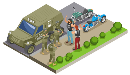 Military special forces during detention of bikers isometric composition with army vehicle and motor cycles vector illustrationのイラスト素材