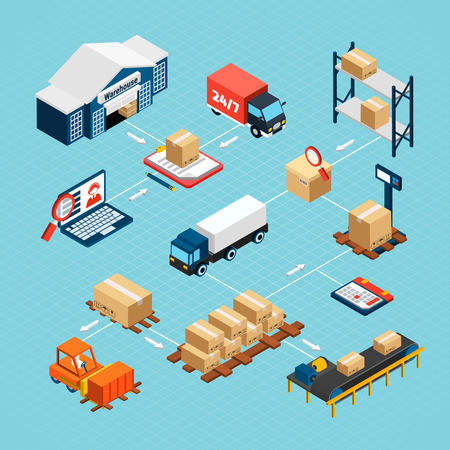 Logistics isometric flowchart with warehouse building delivery truck and boxes 3d vector illustrationのイラスト素材