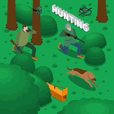 Hunting isometric composition with men dog and guns symbols vector illustrationのイラスト素材