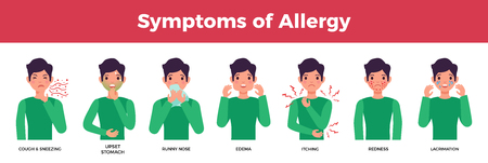 Allergy icons set with allergy symptoms symbols flat isolated vector illustrationのイラスト素材