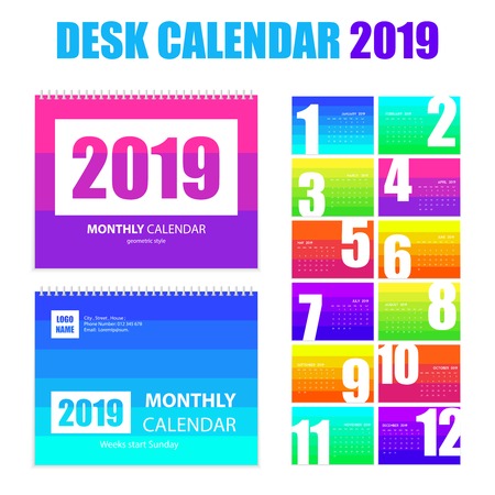 Monthly desk calendar 2019 printable  templates in bright rainbow colors pages realistic images set isolated vector illustrationのイラスト素材