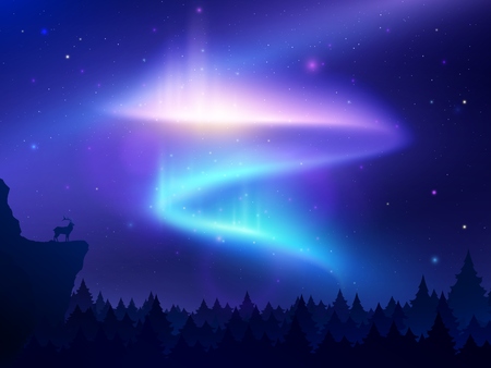Realistic background with northern lights in night sky over forest and mountain vector illustrationのイラスト素材