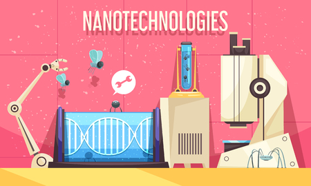 Nanotechnologies horizontal vector illustration with elements of modern devices used in genetic engineering and scientific researchのイラスト素材