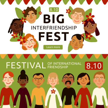 Set of horizontal flat banners with happy international human faces isolated on white green background vector illustrationのイラスト素材