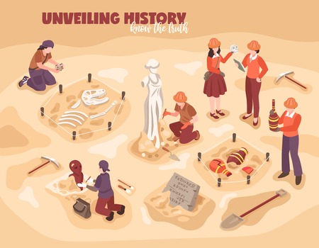 Archeology isometric composition scientists during work with historical finds ancient sculpture amphorae dinosaur skeleton vector illustrationのイラスト素材