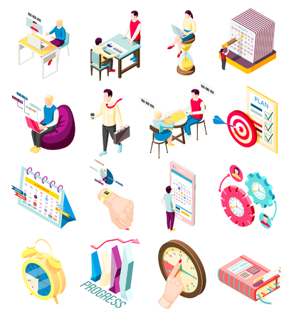 Set of sixteen isolated effective management concept isometric icons with personal organizer items and people characters vector illustrationのイラスト素材