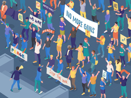 Crowd of protesting people with placards during street action against war isometric horizontal vector illustrationのイラスト素材