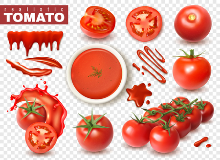 Realistic tomato on transparent background set with isolated images of whole fruits slices splashes of juice vector illustrationのイラスト素材