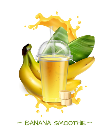 Fresh ripe banana smoothie healthy drink realistic composition with transparent disposal mug straw splash leaves vector illustrationのイラスト素材