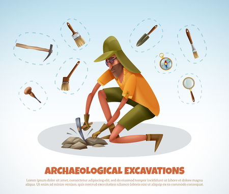 Archeology background with doodle style man digging ground and isolated pieces of excavation equipment with text vector illustrationのイラスト素材