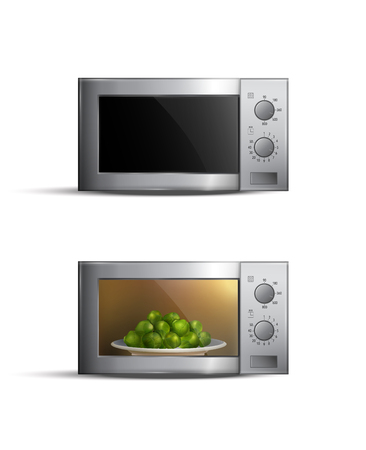 Set of realistic microwave ovens with food inside isolated on white background vector illustrationのイラスト素材