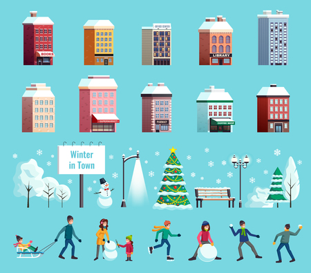 Winter city landscape features buildings lanterns christmas tree snowman sledge skater snowball fight icons collection vector illustrationのイラスト素材