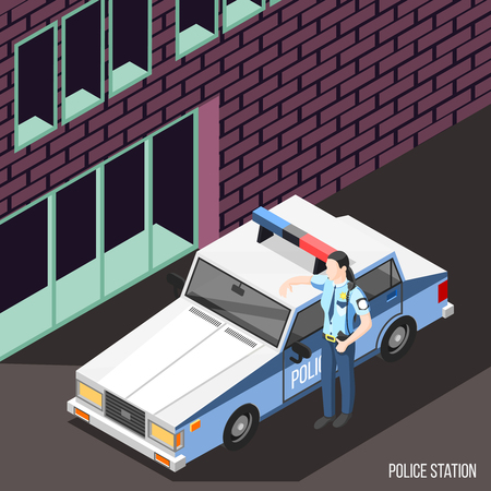 Police station isometric background with female character in policeman uniform standing near police car with flashing lights vector illustrationのイラスト素材