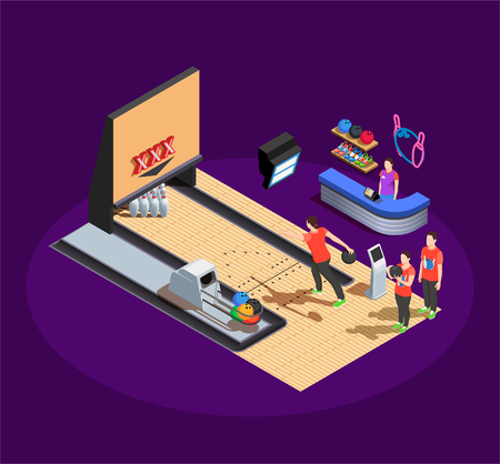 Players in red uniform during bowling game and club administration isometric composition on dark background vector illustrationのイラスト素材