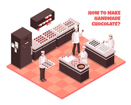Chocolate manufacture isometric composition with staff showing how to make handmade chocolate vector illustrationのイラスト素材
