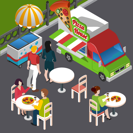 Street food isometric composition including customers at outdoor tables vehicle with signage pizza vector illustrationのイラスト素材