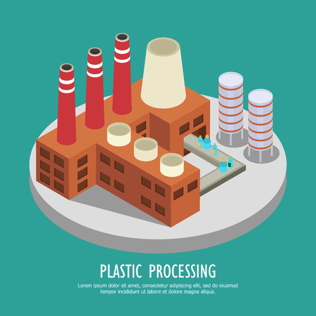 Drastic plastic isometric background with images of factory building and water bottles on continuous belt vector illustrationのイラスト素材