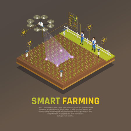 Agriculture automation smart farming composition with editable text and view of field cultivation with modern technologies vector illustrationのイラスト素材