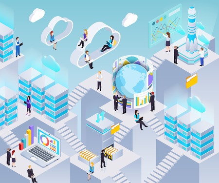 Big data analytics systems technology software isometric glowing symbols composition with exchange analysis cloud storage vector illustrationのイラスト素材