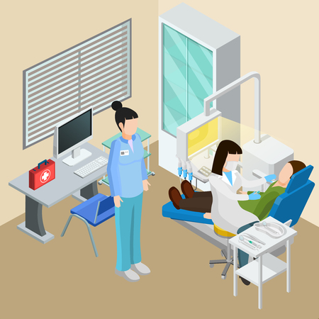 Medical equipment isometric composition with dental surgery interior human characters of doctors patient and therapeutic facilities vector illustrationのイラスト素材