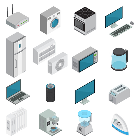 Electronics and home appliances for kitchen and living room isometric set with tv fridge iron cooker computer conditioner kettle isolated on white background 3d vector illustrationのイラスト素材