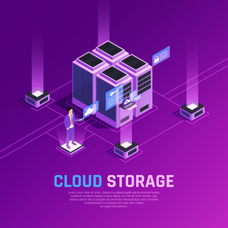 Cloud office glow isometric composition with images of server units and human character with remote controller vector illustrationのイラスト素材