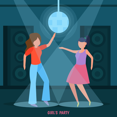 Girls friendship orthogonal composition with night club disco ladies party women dancing in spotlight together vector illustrationのイラスト素材