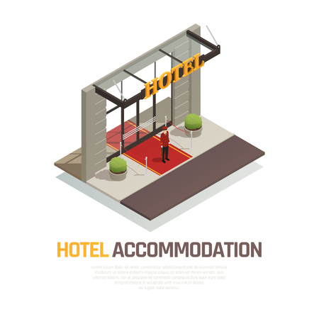 Hotel accommodation isometric composition with doorkeeper in uniform standing on red carpet near entrance vector illustrationのイラスト素材