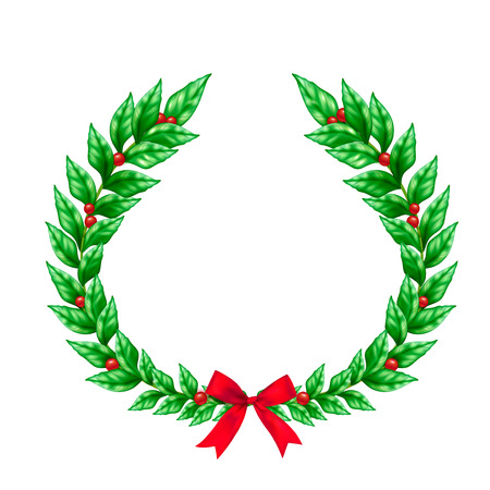Christmas green wreath decorated with red ribbon bow and berries realistic sign isolated on white background vector Illustrationのイラスト素材