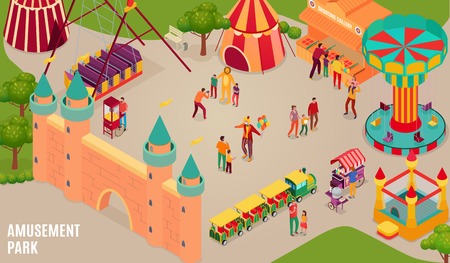 Amusement park with circus artists and visitors carousel bouncy castle and shooting gallery isometric horizontal vector illustrationのイラスト素材