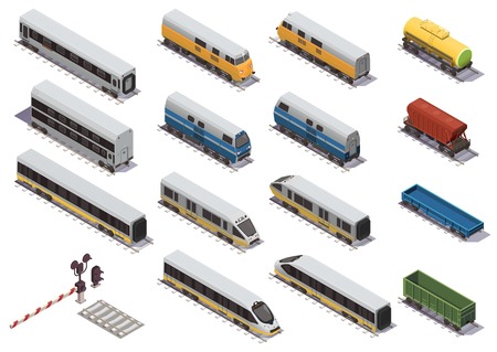 Illustration pour Railway train isometric elements set with electric locomotive open freight wagon and passenger car isometric vector illustration - image libre de droit