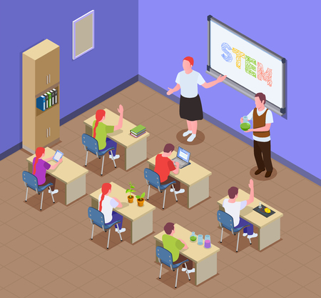 STEM education isometric composition with classroom indoor scenery and kids sitting at desks with teacher characters vector illustrationのイラスト素材