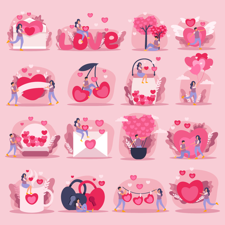 Flat pink love couple icon set or stickers with little and big hearts symbols of feelings and romantic couple vector illustrationのイラスト素材