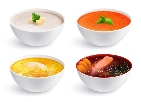 Bowls full of chicken noodle soup gazpacho fish soup and soup puree with crouton  realistic set isolated vector illustrationのイラスト素材
