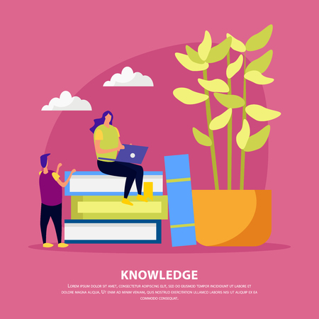 Library of knowledge flat composition human characters near pile of books on pink background vector illustrationのイラスト素材