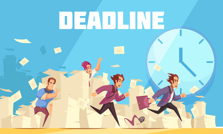 Deadline vector illustration with clock at urban landscape background and running people who are late for workのイラスト素材