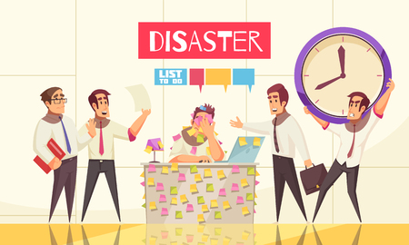 Planning schedule poster with office employee sitting at his workplace covered with reminder notes and disaster headline vector illustrationのイラスト素材