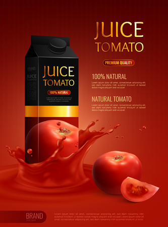 Advertising composition with packet of natural tomato juice realistic vector illustrationのイラスト素材
