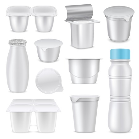 Isolated realistic yoghurt mockup template packaging icon set different shapes and volume vector illustrationのイラスト素材