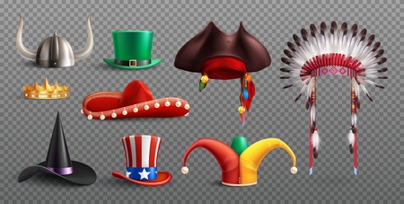 Masquerade hats set on transparent background with traditional national and holiday elements isolated vector illustrationのイラスト素材