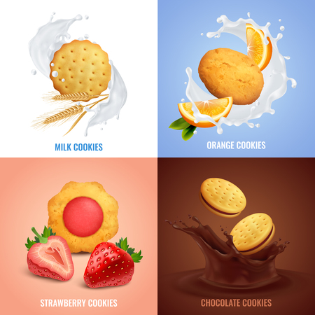 Cookies realistic concept icons set with strawberry and chocolate taste symbols isolated vector illustrationのイラスト素材