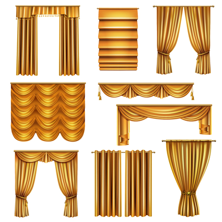 Set of realistic luxury gold curtains of various drapery design with decorative elements isolated vector illustration